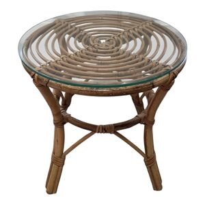 Vintage MCM Chic Tan Rattan Glass Top Accent Table / Plant Stand.